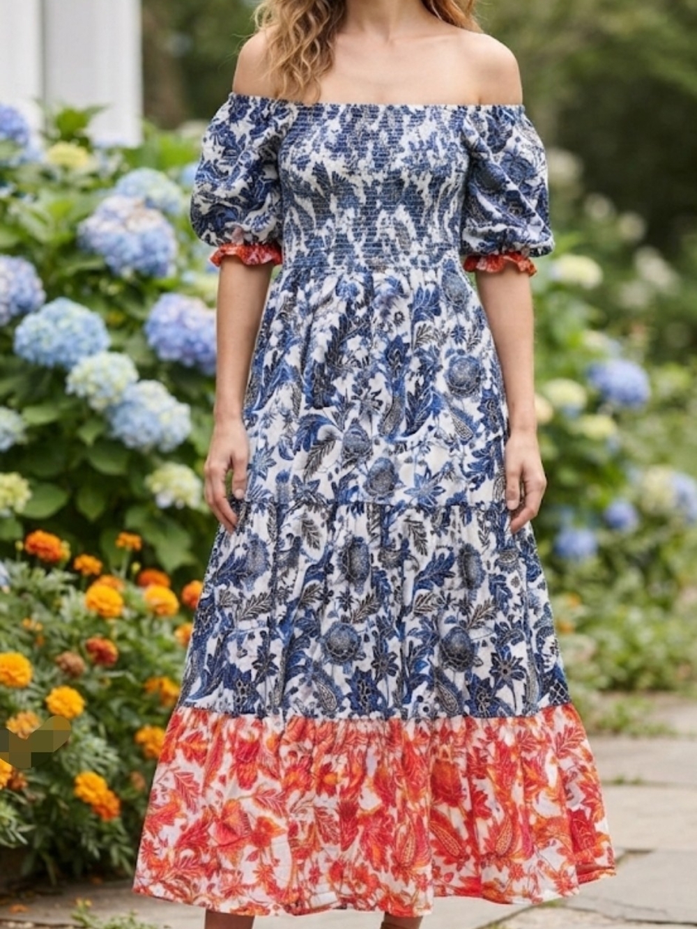 Tommy Hilfiger Blue & Orange Bohemian Floral Smocked Maxi Dress Size L
